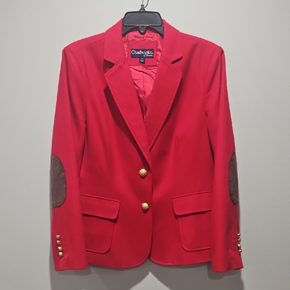 Chadwicks Women's Red Blazer with Brown elbow pads size 14 P